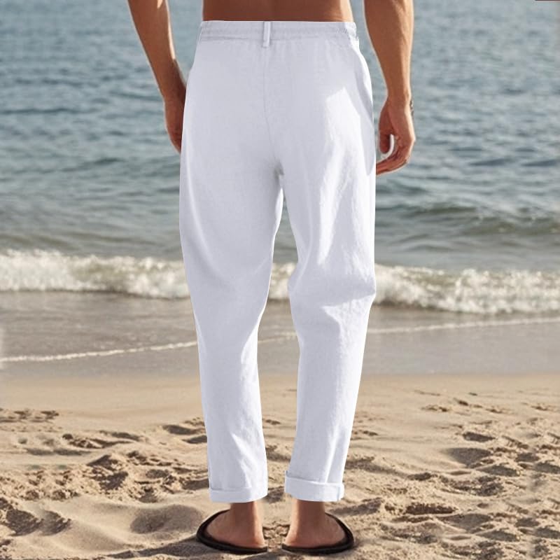 Men’s Linen Pants Summer Drawstring Elastic Waist Trousers Hawaiian Tree Print Wide Leg Casual Pants with Pockets4