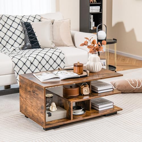 COSTWAY Couchtisch mit Stauraum, rechteckiger Wohnzimmertisch Retro mit L-förmiger Mittelablage, 3-stufiger geometrischer Kaffeetisch für Wohnzimmer, Empfangsraum, 90 x 50 x 42 cm (Rustikales Braun) – Bild 3