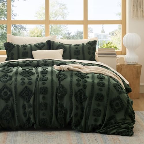 Bedsure Boho Duvet Cover King - Dark Green Tufted Boho Bedding, Farmhouse Shabby Chic Embroidery Bedding for All Seasons, 3 Pieces, 1 Soft Jacquard King Comforter Cover and 2 Pillow Shams