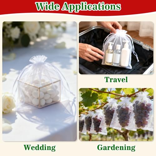 Image of Sukh White Organza Bags 6 inchx9 inch - 100pcs Large Sheer Mesh Drawstring Bags for Jewelry, Soap, Fruits, Candy, Small Gift Bag for Weddings, Valentine's Day, Mother's Day, Halloween, Thanksgiving, Christmas