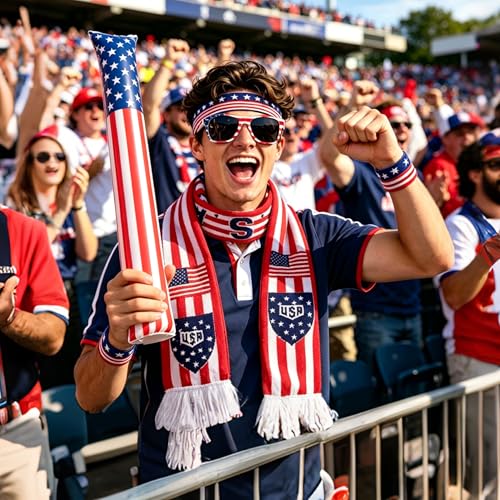 AICARSHI USA Patriotic Fan Gear Kit, 10pcs Patriotic Accessories, for Football Game Day and Parties - with USA Team Flag, Scarf, Headband, Wristbands, Sunglasses, Clapper, Cheering Sticks - image 3