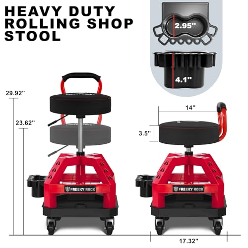 Rolling Shop Stool with Wheels, Heavy Duty Garage Work Mechanic Stool with Backrest, Adjustable Height 360°Swivel Rolling Chair with Tool Tray Storage, 330 LBS Capacity, Red