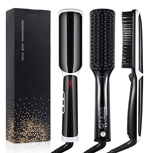 Ionic Hair Straightener Brush, BHY Hair Straightening Brush with Negative Ion, 30s Fast Heat up, LCD Display, Auto-Off & Dual Voltage, Portable Ceramic Straightening Comb for Home and Travel