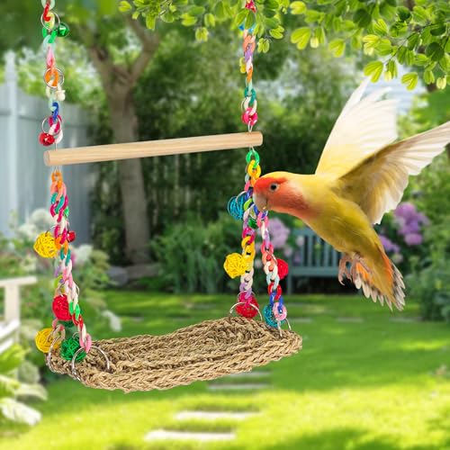 Image of Natural Bird Swing Toys with Wood Perch,Double Layer Bird Seagrass Woven Climbing Hammock with Chewable Perch Stand Chewing Toy for Parakeets,Budgies,Conures,Cockatiels,Lovebirds