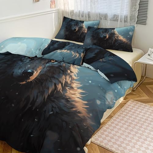 Parure de lit grand lit housse de couette loup et 2 taies d'oreiller