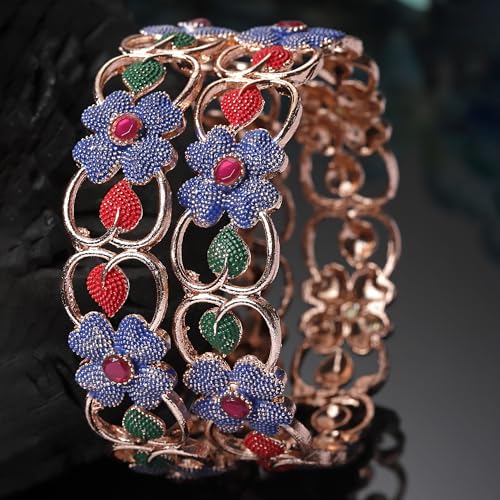 Image of ZENEME Leaf Shaped American Diamond Gold Plated Bangles Jewellery For Women & Girls