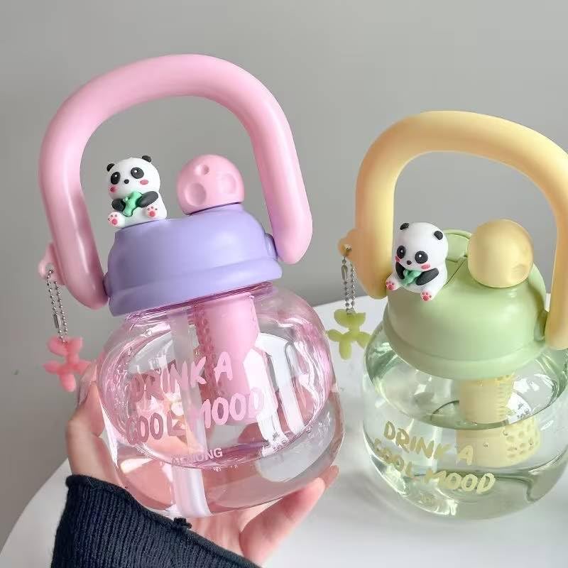 Image of Cute Panda Kids Water Bottle with Straw & Handle, Leakproof Sipper Bottle for Boys & Girls, BPA Free Plastic Unique Water Bottle for School, Travel & Daily Use (Lime Green)