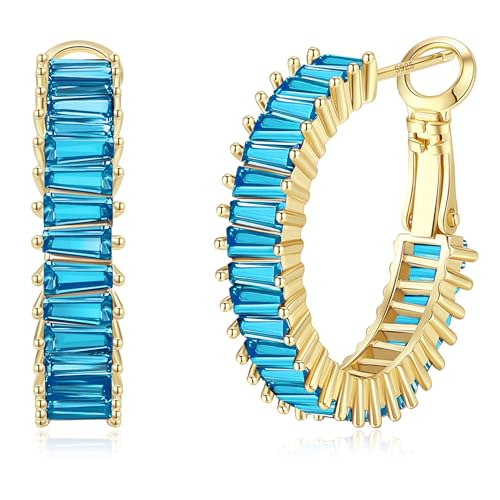 GLOQUAT Sky Blue Crystal Hoop Earrings 14K Gold Plated Aquamarine Hoops for Women S925 Silver Post Vintage Baguette Cubic Zirconia Gold Round Circle Hoops Lightweight and Hypoallergenic Jewelry 25mm