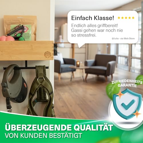 VELONT Hundegarderobe mit Ablage Personalisiert - Größe XL - Perfekter Leinenparkplatz - Bambus - Dogstation für Leinen & Zubehör - Inkl. Kotbeutelspender und Montagekit (01 L)