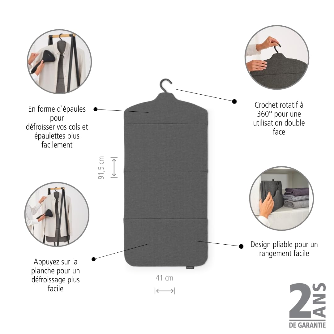 Brabantia - Planche pour défroisseur pliable - Pour vapeur à haute pression - Surface résistante à la chaleur - Crochet polyvalent - Parfaite avec défroisseurs portatifs - 91,5cm x 41cm - Pepper Black