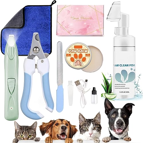 Dog Paw Cleaner Hundepfotenreiniger Haustier Pfote Reinigungsset mit 150ml/5.12fl.oz Sauberer Schaum Mikrofaser Handtuch Füße Balm Elektrische Pfote Trimmer mit LED Licht Nagelknipper