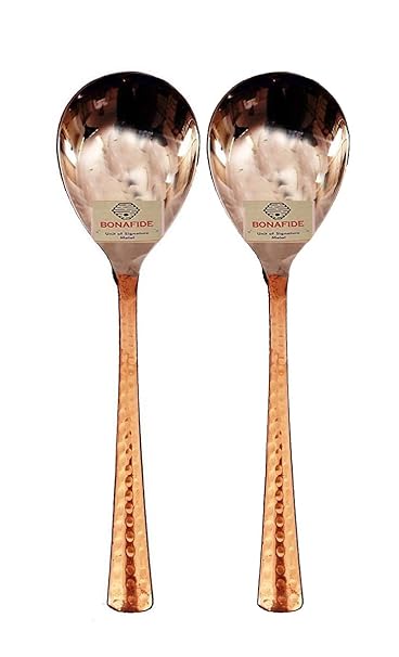 BONA FIDE - Unit of signature metal exports,Copper Spoon Serving Spoon Dal Rice Spoon Hammered Designed Homeware Hotelware::Set of 2 Copper Stainless Steel Spoon 8 inch Long for Serving Dishes