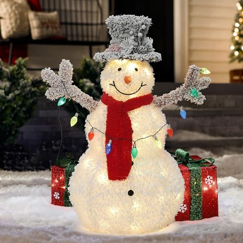 Hometopia LED Schneemann Deko mit Zylinderhut, Rotem Schal Leuchtende...