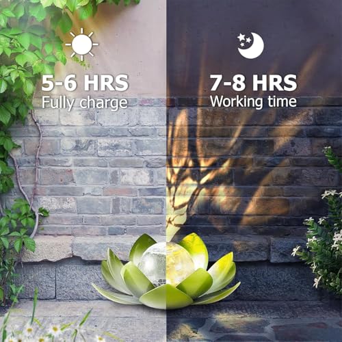 Huaxu Solar Lights Outdoor Garden Decoration Crackle Globe Glass Waterproof LED Metal Green Lotus Flowers Gift for Mom,Women,Patio,Lawn,Walkway,Tabletop,Ground - image 3