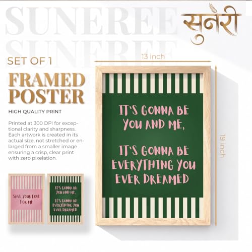 Image of Suneree Aesthetic Quote Wall Art Set of 2 Framed Paintings | Pink Green Striped Typography Poster | Couple Bedroom Living Room Home Decor (Art 5, 13x19 Inches)