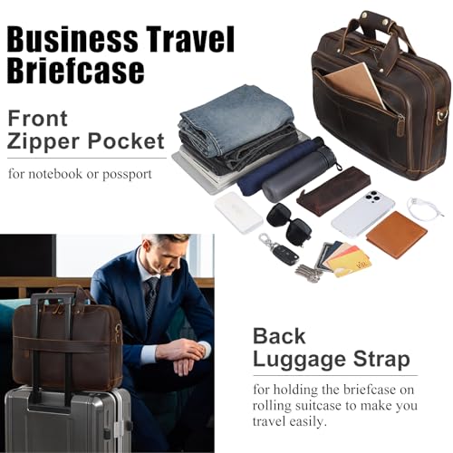 Masa Kawa Leather Briefcases Laptop Bag for Men for 15.6 inch Computer Vintage Brown Crossbody Shoulder Messenger Bags, Business Travel Office Work Teacher Organizer Professional Brief Case Handbag4