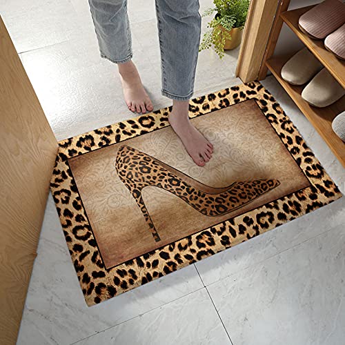 Soft Shag Doormat Leopard Print Sexy Female High Heels,Non Slip Absorbent Mats Microfiber Runner Carpet Vintage Brown Animal Skin Texture,Washable Doormat For Indoor Corridor,Kitchen,Bathroom #TOP2