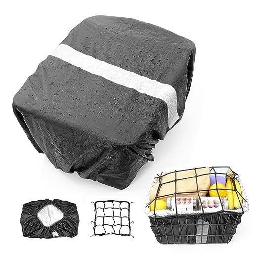 ANZOME Bike Basket Liner & Cargo Net, Bicycle Basket Waterproof Rain Cover with Reflective Strip Bike Basket Accessories Fits Most Bike Baskets
