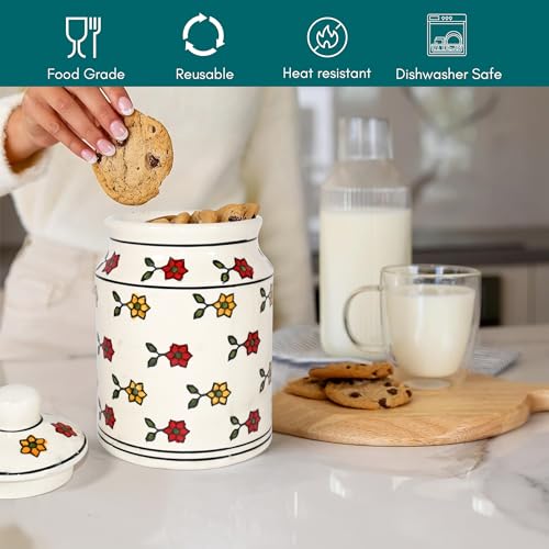 Image of Ceramic Pickle Jars For Storage Achar Chini Mati Barni Jars Jadi Jadilu Pots Containers For Storing Salt, Tamarind Kitchen Storage With Lid, 850ML NON AIRTIGHT, Multicolour Floral Design