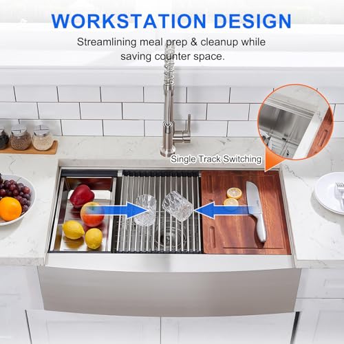 Image of 33 Inch Farmhouse Sink, 33x20 Stainless Steel Undermount Single Bowl Apron Front Handmade 16 Gauge 9 inch Deep Farm Kitchen Sink Workstation with Accessories