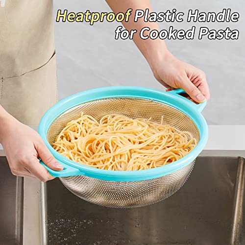 Popgrade 3Pack Stainless Steel Colander Set With Handle, Metal Pasta Strainer For Spaghetti, Veggies, Noodles, Kitchen Food Mesh Colander, Rice Washer Fruit Washing Strainer Basket, Blue #TOP5