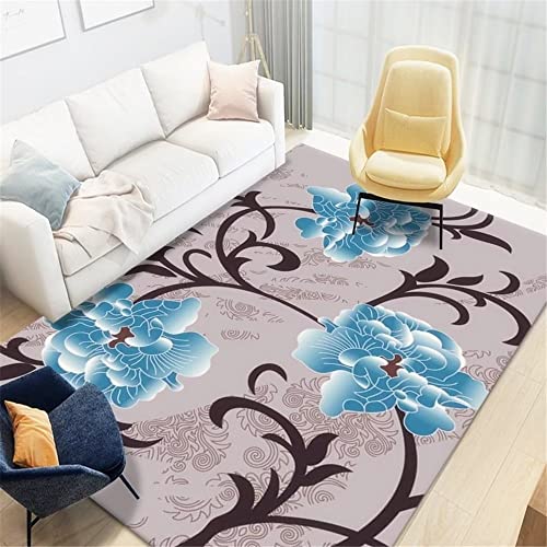 Tapis salon bleu abstrait fleurs 140x200cm lavable et grand format