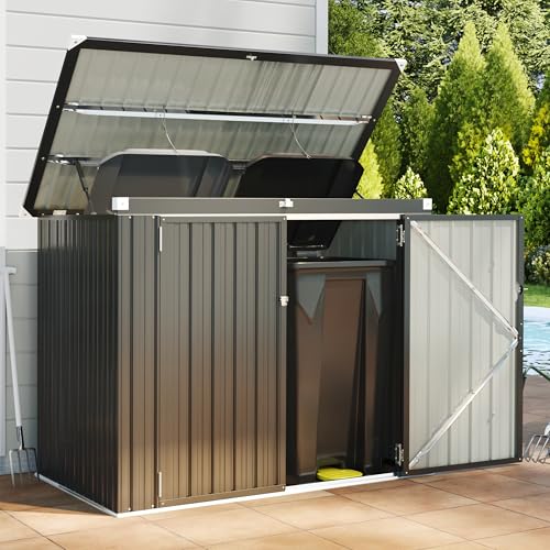 Outdoor Trash Can Storage Shed - Metal Waterproof Outdoor Garbage Can Organizer with Chain Lid Ideal for Trash Bins Toys Garden Tools for Garden/Backyard/Patio