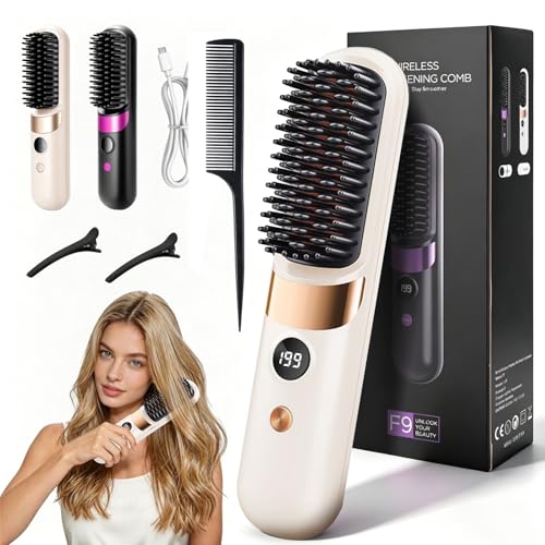 Mini Brosse Lissante, Portable Sans Fil électrique Anti-BrûLure Brosse Chauffante avec Affichage LCD Rrechargeable, pour Tous Les Types de Cheveux Convien...