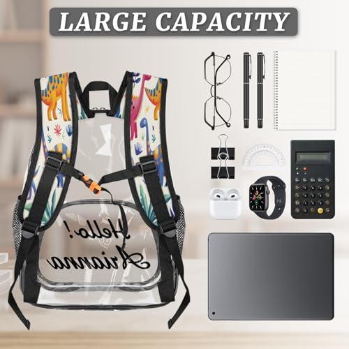 Dinosaurs Watercolor Personalized Large Clear Backpack Heavy Duty for Stadium Approved Custom Colorful Dinosaurs PVC Transparent Backpack with Name See Through Bag for Concerts3