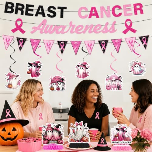 Image of Breast Cancer Awareness Decorations, 12PCS Breast Cancer Awareness Month Party Banner Hanging Swirls Honeycomb Centerpieces Decor Set, Halloween Pink Ribbon Party Supplies for Women