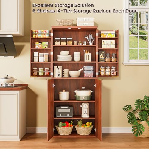Image of Ball & Cast 72″ Fluted Pantry Cabinet,Versatile Wood Storage Cabinet with 4 Adjustable Shelves,6 Door Shelves,Moden Kitchen Cabinet w /Anti-Tip Safety for Kitchen,Dining Room,Living Room,Walnut