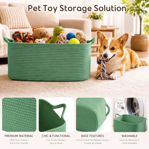 Image of OIASKET Large Empty Cotton Rope Gift Basket with Handles, 16.5 inchx12.6 inchx7 inch Decorative Woven Storage Basket with Gift Bag and Ribbon Set for Baby Shower, Toy Organizer for Kids, Dogs & Cats - Green