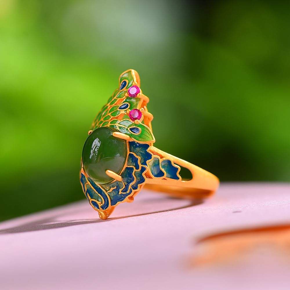 HMJGDHX S925 Silber vergoldet mit natürlichem Hotan-Jaspis-Emaille-Pfau-Ring (verstellbare Öffnung) für Damen, echt