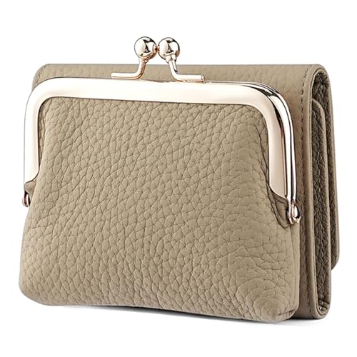 Genuine Leather Small Trifold Wallet for Women, RFID Blocking Card Holder, Compact Kiss-lock Purse with 8 Card Slots