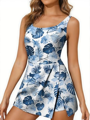 Women One Piece Swimdress Print Swimsuit Swim Dress with Skirt Slit Built-in Shorts Bathing Suits for Beach Daily Wear