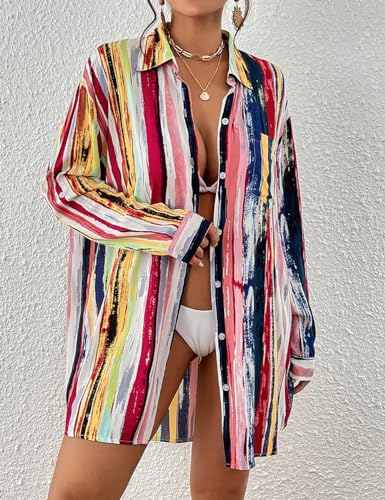 Image of Bsubseach Women Long Sleeve Beach Shirt Blouses Bathing Suit Cover Up Button Down Collar