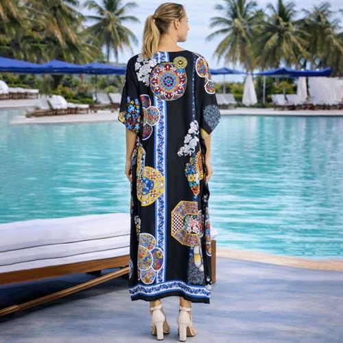 Image of Miss Lavish London Black Kaftan Dresses for Women V Neck Batwing Sleeve Beach Vacation Bikini Swimsuit Cover Ups, Ethnic Print Plus Size African & Dubai Caftan Maxi Dress with Side Slits-Black-S