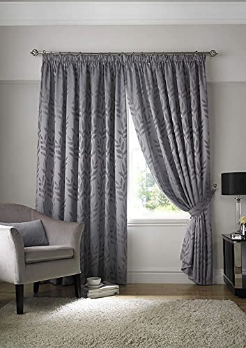 Tivoli, Silver Lined Curtains, Trailing Leave Floral Jacquard Design, Pencil Pleat Curtain Pairs, 90" x 108"