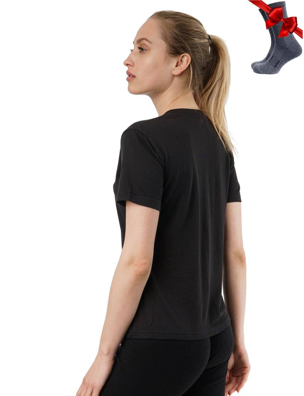 T-Shirt Merinos Femme pour Activités De Plein Air en Laine Mérinos avec Chaussettes (Large, Heathered Black Crewneck)