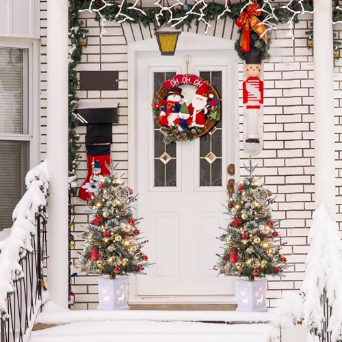 Christmas Tree, 3 Ft Pre-Lit Artificial Christmas Trees with Potted Base, Snow Flocked Small Christmas Tree with 70 Lights, Christmas Decoration, Battery Operated Timer Function