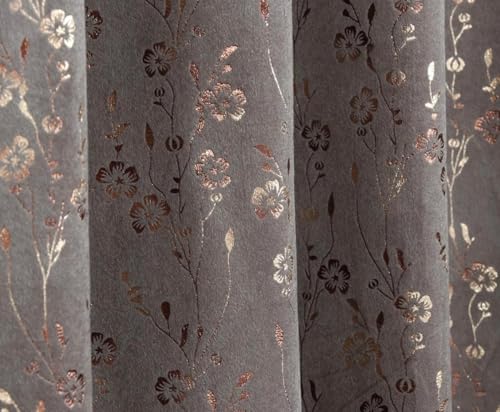 Image of Velvet Golden Foil Flower Pattern Curtains 7 Feet Long Pack of 1, Grey