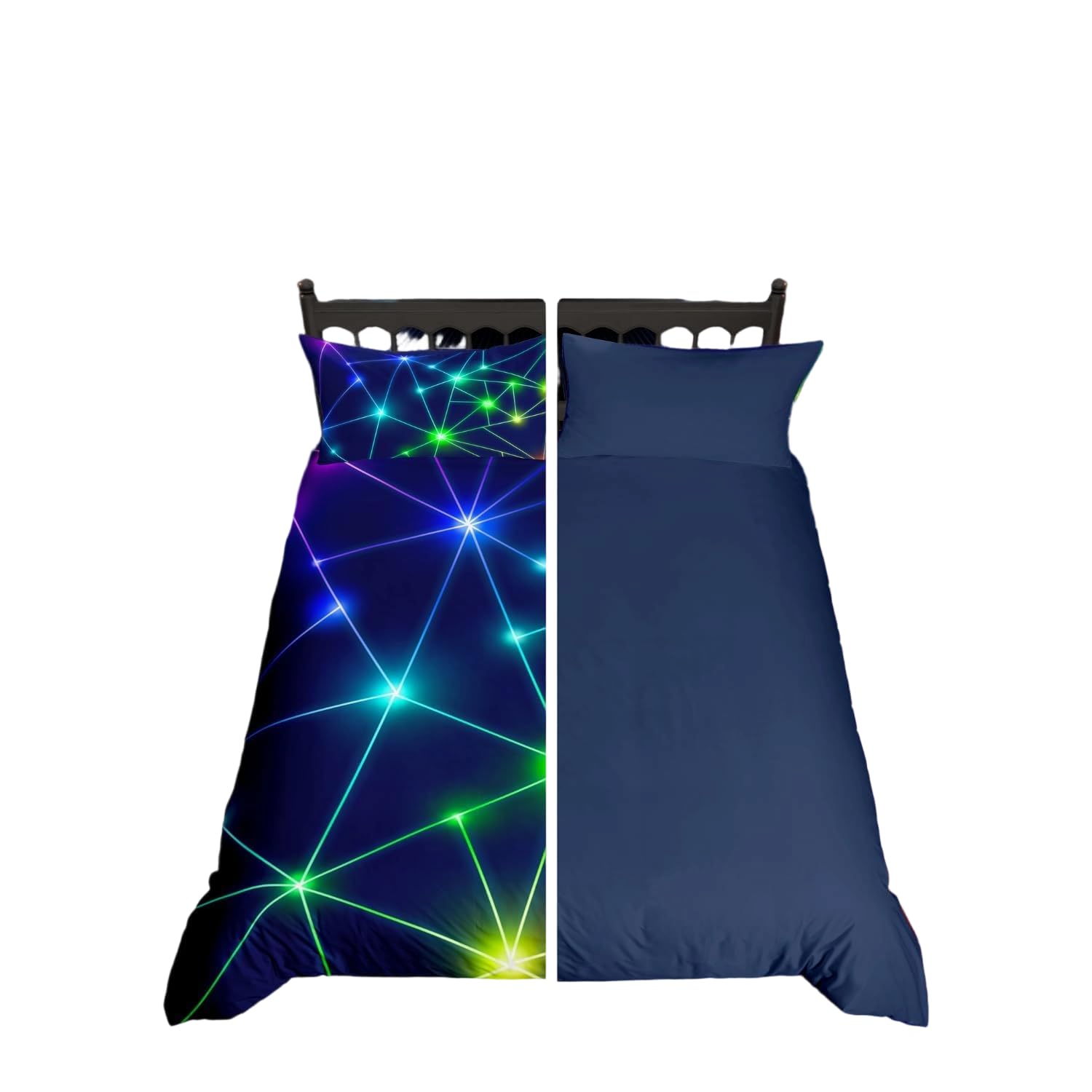 Homewish Neon Geometric Double Duvet Cover Reversible Navy Blue Bedding Set Retro Triangle Pattern Quilt Cover with 2 Pillowcases, Abstract Rays Printed Bed Sets for Teens Boys Girls Bedroom