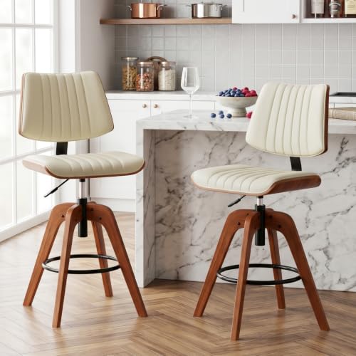 Image of Counter Height Bar Stools, Swivel Kitchen Island Stools with Arms | Set of 2 Adjustable Mid Century Modern Counter Stools,PU Faux Leather Upholstered Bar Chair for Kitchen Counter Stools