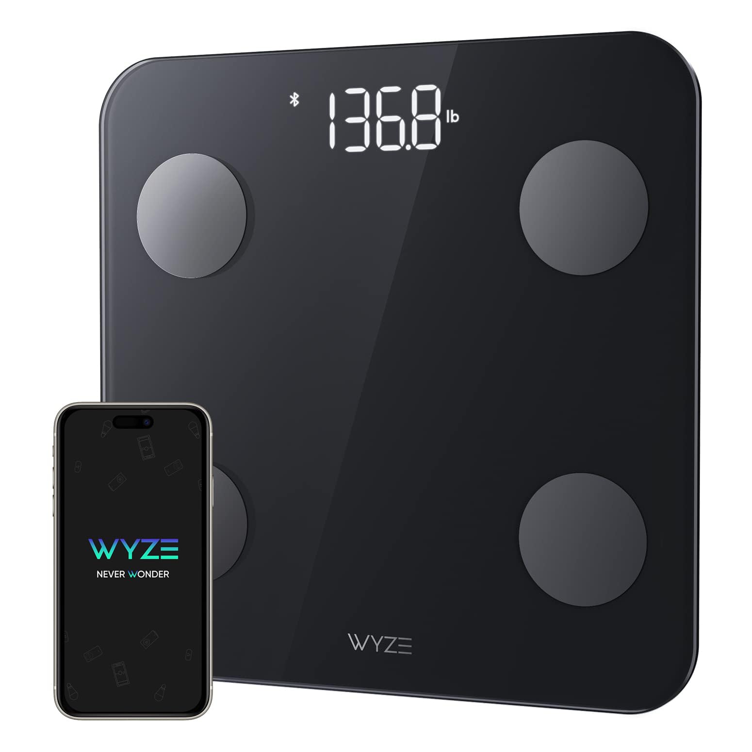 Wyze Scale S, Scale for Body Weight, Digital Bathroom Scale for Body Fat, BMI, Muscle, Heart Rate, Body Composition Analyzer with App, Batteries Included, Bluetooth, 400 lb, Black