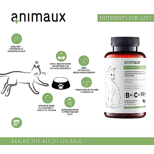 animaux Nutrients for Cats – 120 Kautabletten – Vitamine für Katzen, Unterstützung für Stoffwechsel, Immunsystem, Haut & Fell, mit Vitamin B Komplex, Omega 3, Zink & mehr
