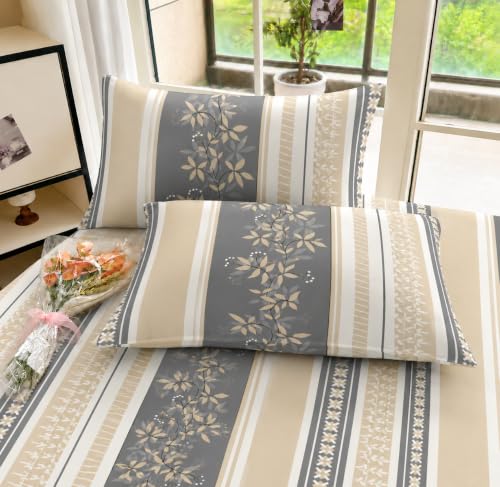 Image of VOMZER Queen Size (60x78) 300 TC Soft Cotton Feel Microfiber All Around Elastic Fitted Double Bedsheet with 2 Pillow Covers | Grey Vine