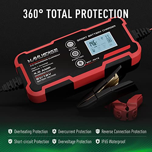 Manusage 4-Amp Fully-Automatic Smart Charger, 6V And 12V Portable Automotive Car Battery Charger, Battery Maintainer, Trickle Charger,Battery Desulfator With Temperature Compensation, Agm,Deep Cycle #TOP6