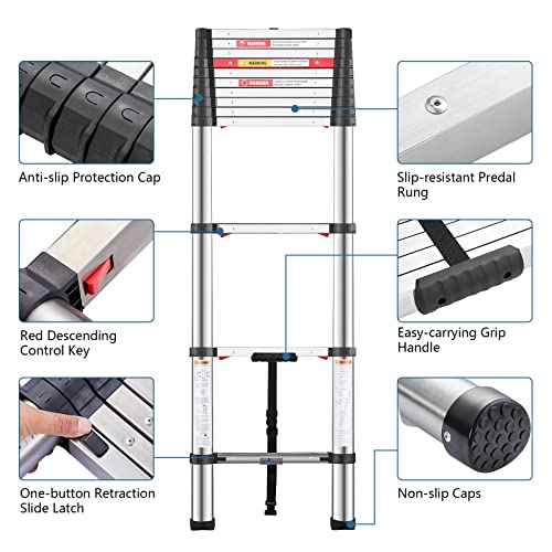 12.5 Ft Telescoping Ladder, Meanfun One-Button Retraction Collapsible Extension Ladder With Thickened & Longer Tube, Slow Down Design Compact Telescopic Ladder For Home Or Rv Work, 330Lb Capacity #TOP4