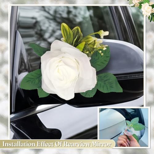 Image of 6 Pcs Wedding Car Door Handle Flowers - White Rose & Peony | Floral Bouquet Car Door Handle & Mirror Flowers with Satin Ribbon Bows , for Just Married Car Decoration
