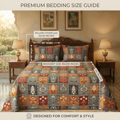 Image of VAS COLLECTIONS 240 TC Cotton Double Bedsheet with 2 Pillow Covers (90x100 Inch) Soft Breathable Skin Friendly Jaipuri Printed King Size Bedding Set for Bedroom Decor (Char Bagh Print)